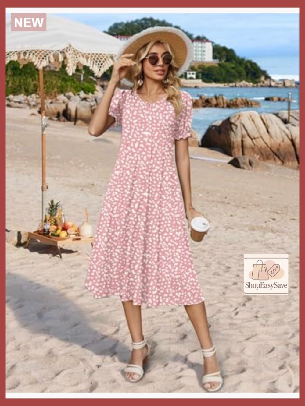 Pleated Midi Dress Puff Sleeve Flowy Casual Sundress with Pockets Elegant Chic - Picture 3 of 7